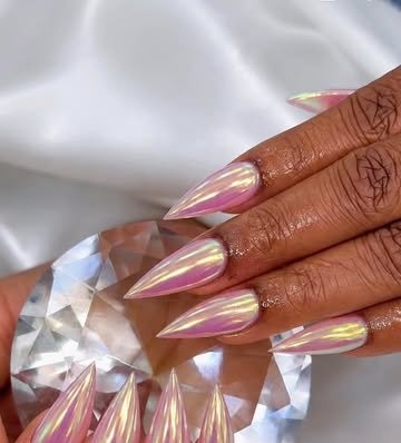 Long almond nails with an iridescent chrome finish